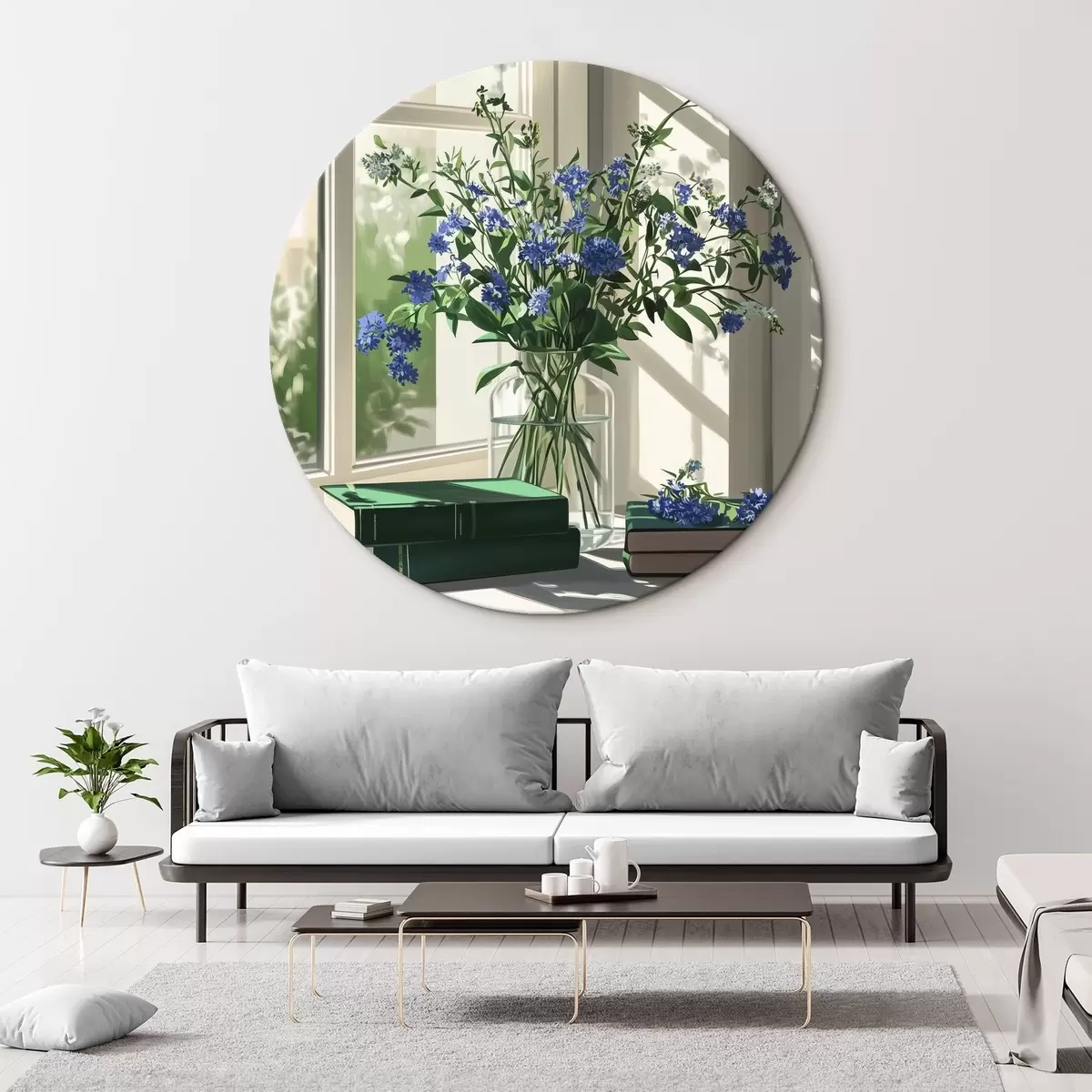 Quadri rotondi Libri e fiori viola nel vaso sul davanzale della finestra, verde r44008