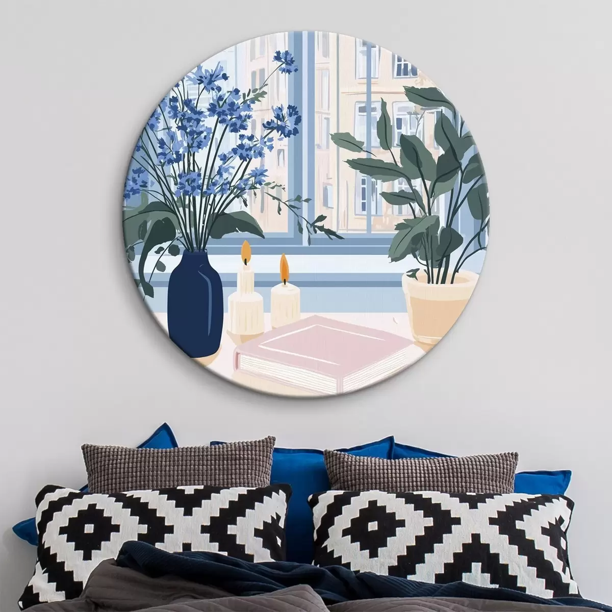 Quadri rotondi Casa accogliente con fiori e vista sulla finestra, architettura, colori blu r44010