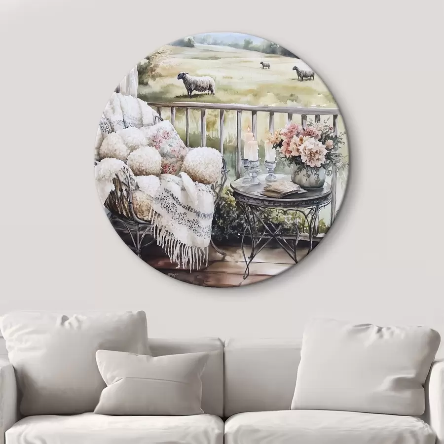 carta da parati Fattoria di campagna con pecore, campi, fiori rustici, stile acquerello nr. r44014