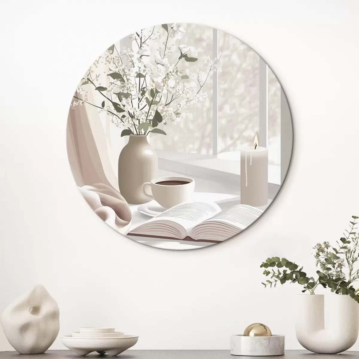 Quadri rotondi Mattinata di primavera con caffè e fiori, colori tenui e pastello r44015