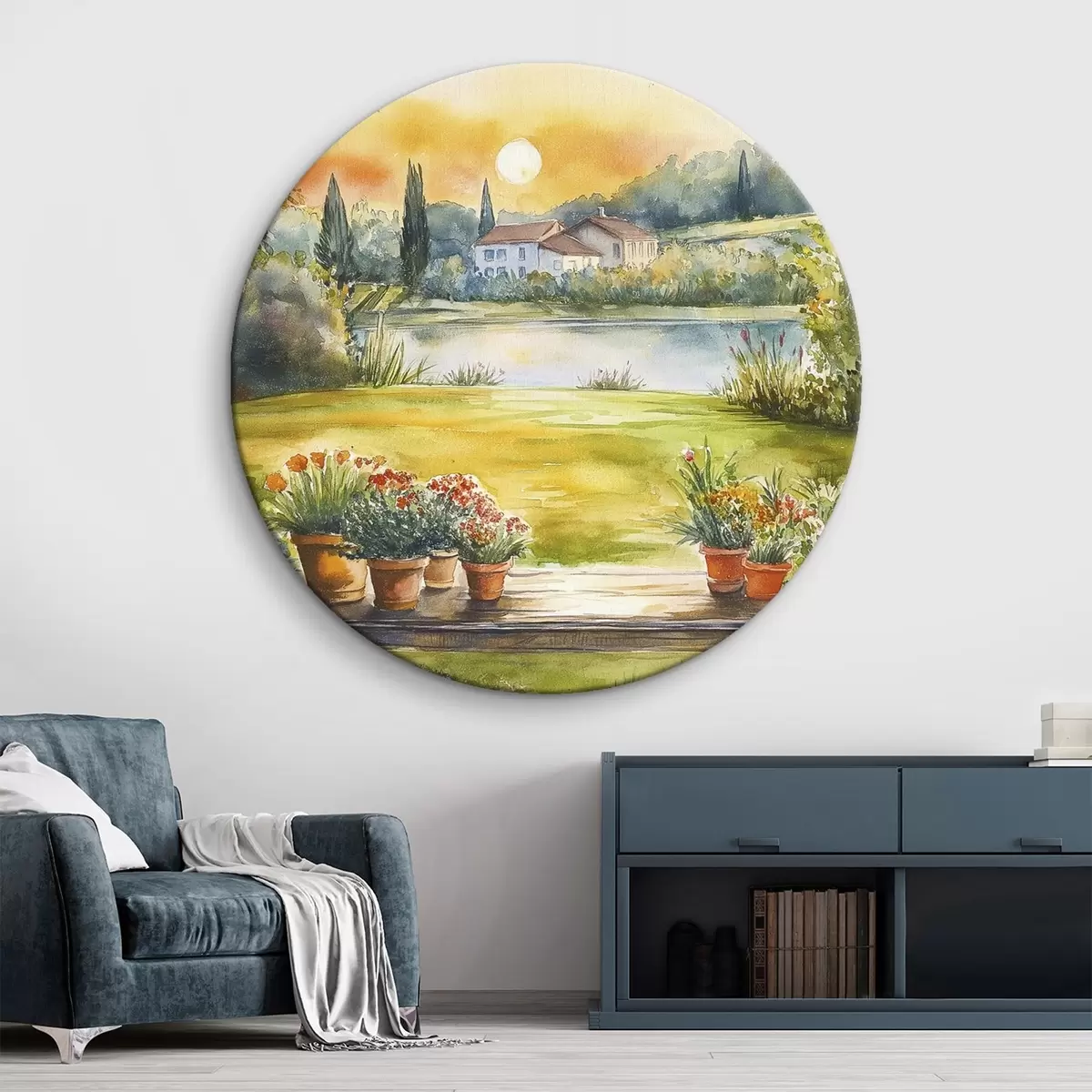 Quadri rotondi Villaggio al tramonto, rustico, fiori estivi, lago, stile acquerello r44016