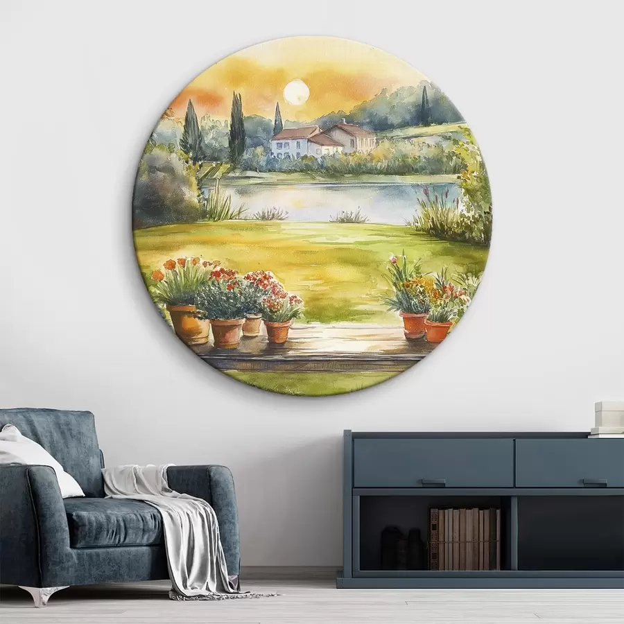 carta da parati Villaggio al tramonto, rustico, fiori estivi, lago, stile acquerello nr. r44016