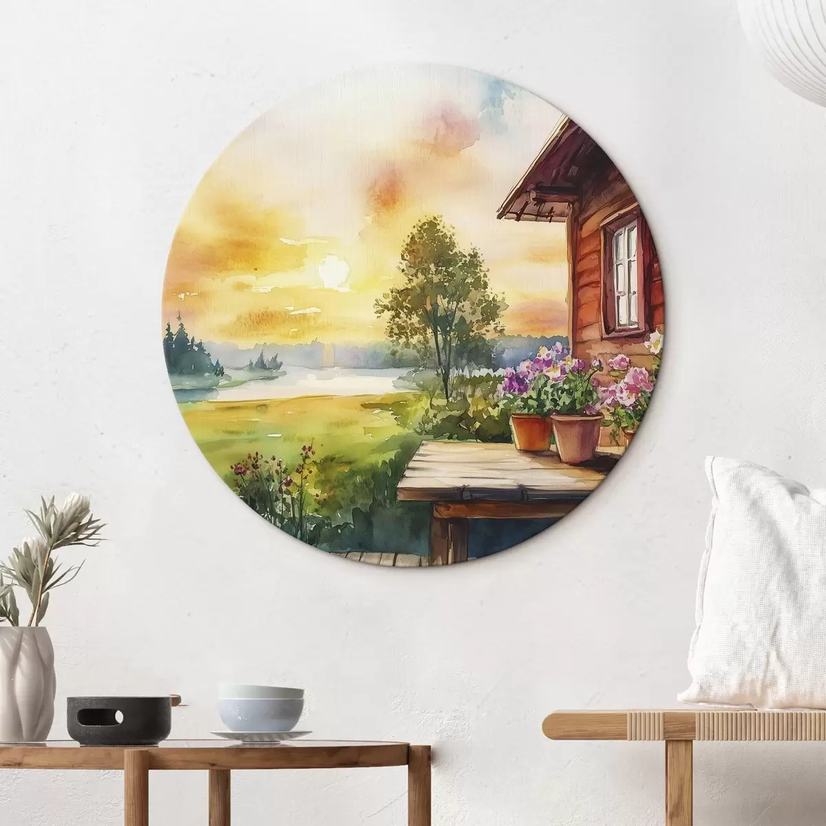 Quadri rotondi Colori del tramonto, fattoria, stile acquerello, rustico, fiori estivi r44017