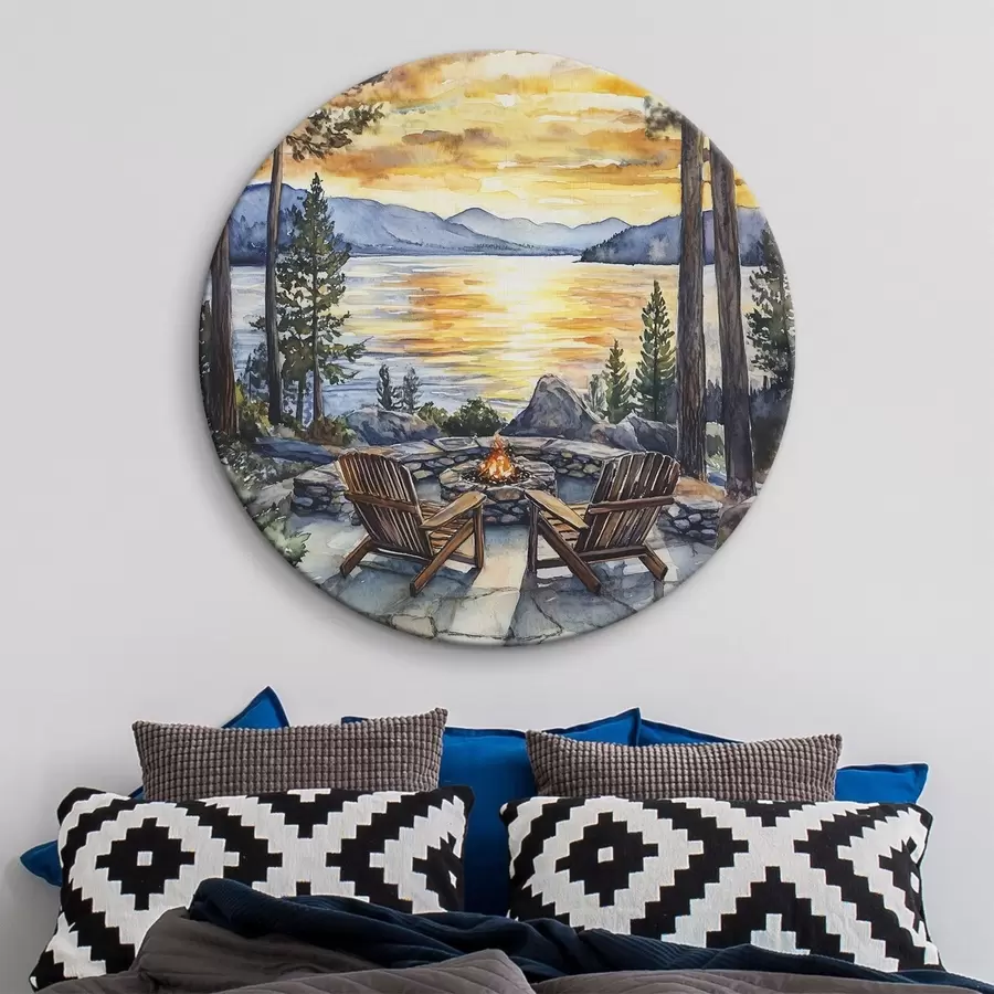 carta da parati Lago con montagne al tramonto, viaggio, camino accogliente, acquerello nr. r44018