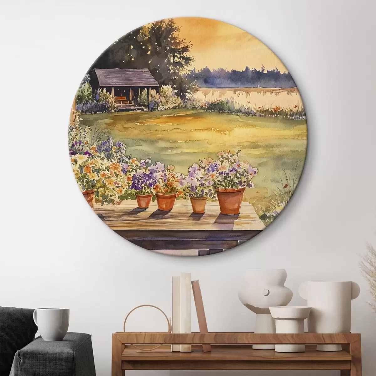 Quadri rotondi Fiori nel giardino del villaggio, colori del tramonto, stile acquerello r44019