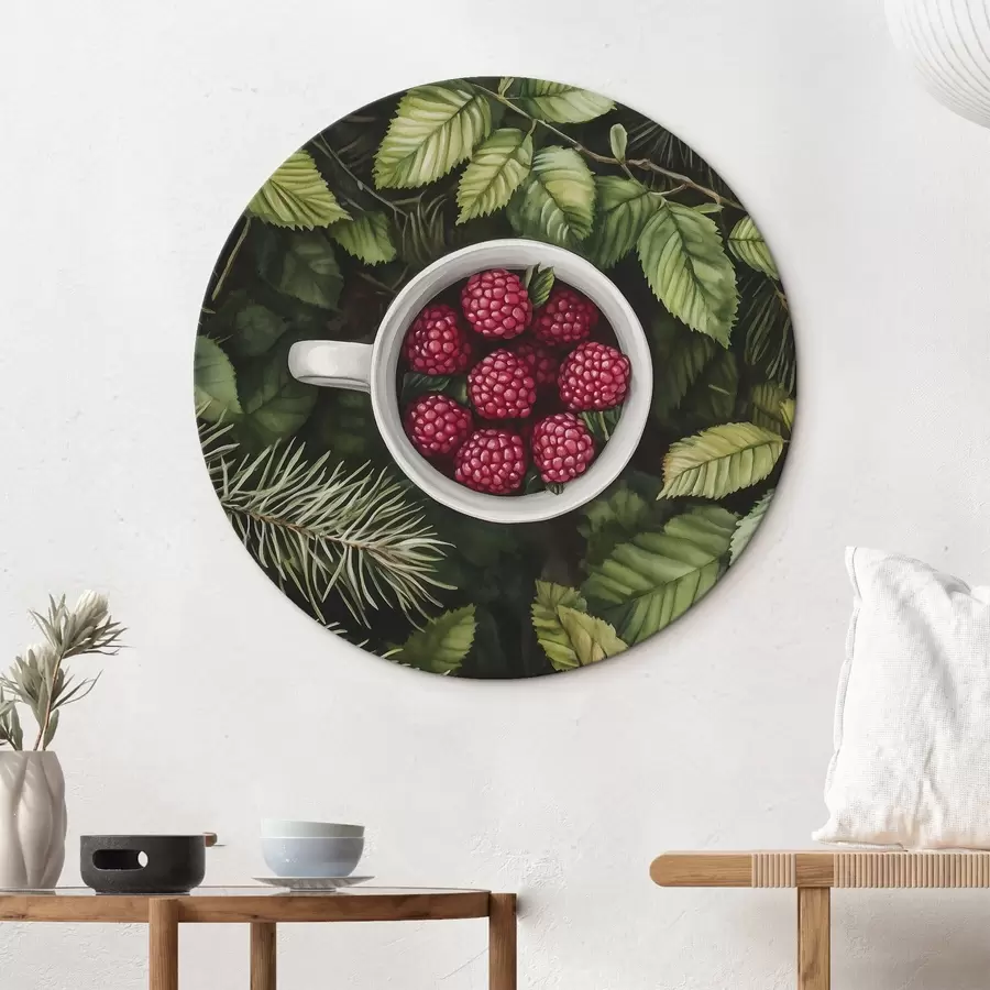 carta da parati Coppa di lamponi nel verde della foresta, natura, stile acquerello nr. r44021