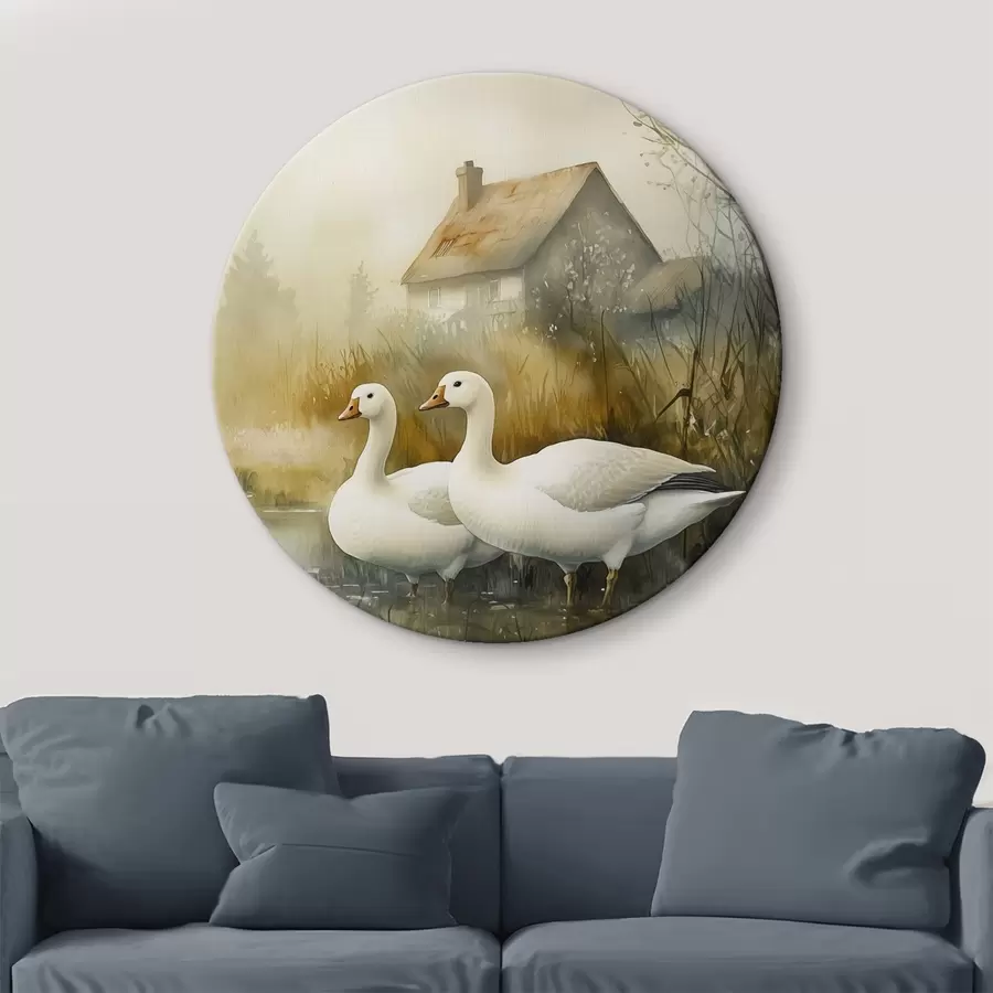 carta da parati Oche nel lago vicino alla fattoria, stile rustico, acquerello nr. r44022
