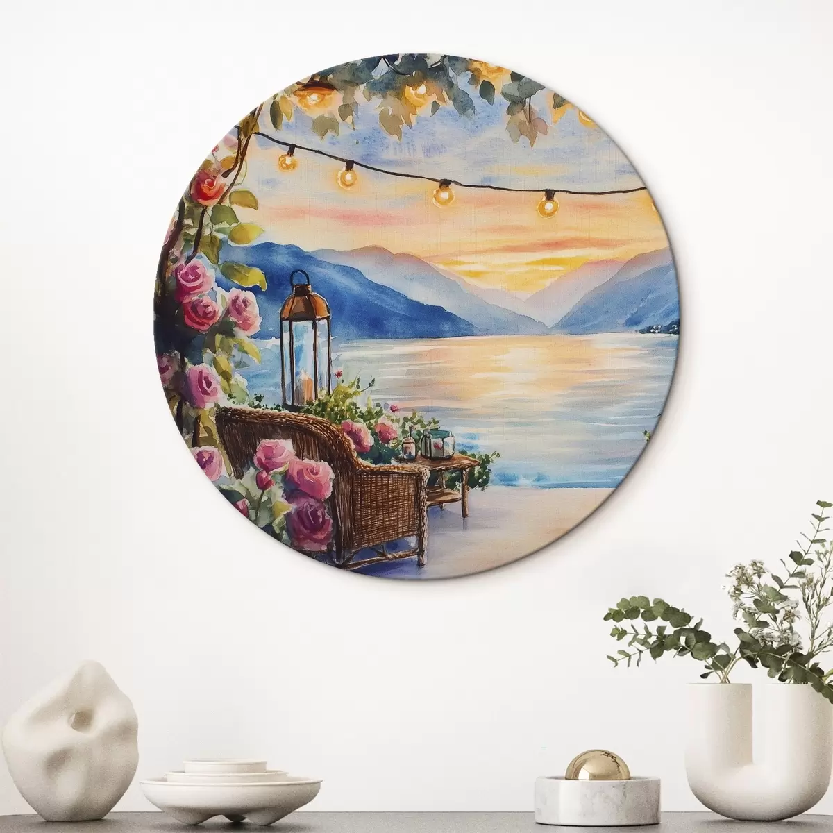 Quadri rotondi Bellissimo tramonto in montagna, lago, rose, stile boho r44025