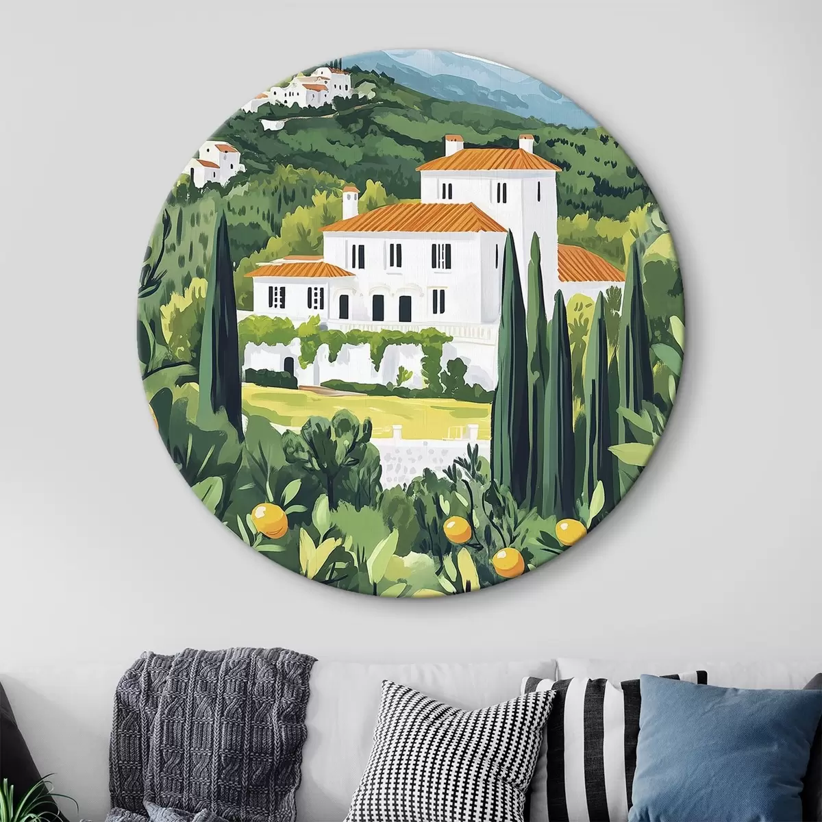 Quadri rotondi Natura estiva, mediterranea, alberi di limone, architettonica r44028