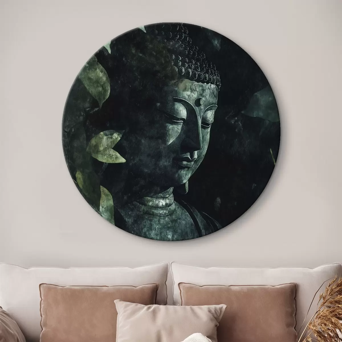 Quadri rotondi Buddha meditativo tra le foglie verdi, spirituale r44029