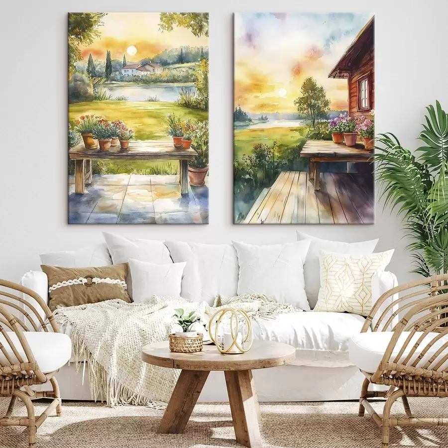 carta da parati Villaggio estivo, tramonto, rustico, fiori, lago, stile acquerello nr. m00449