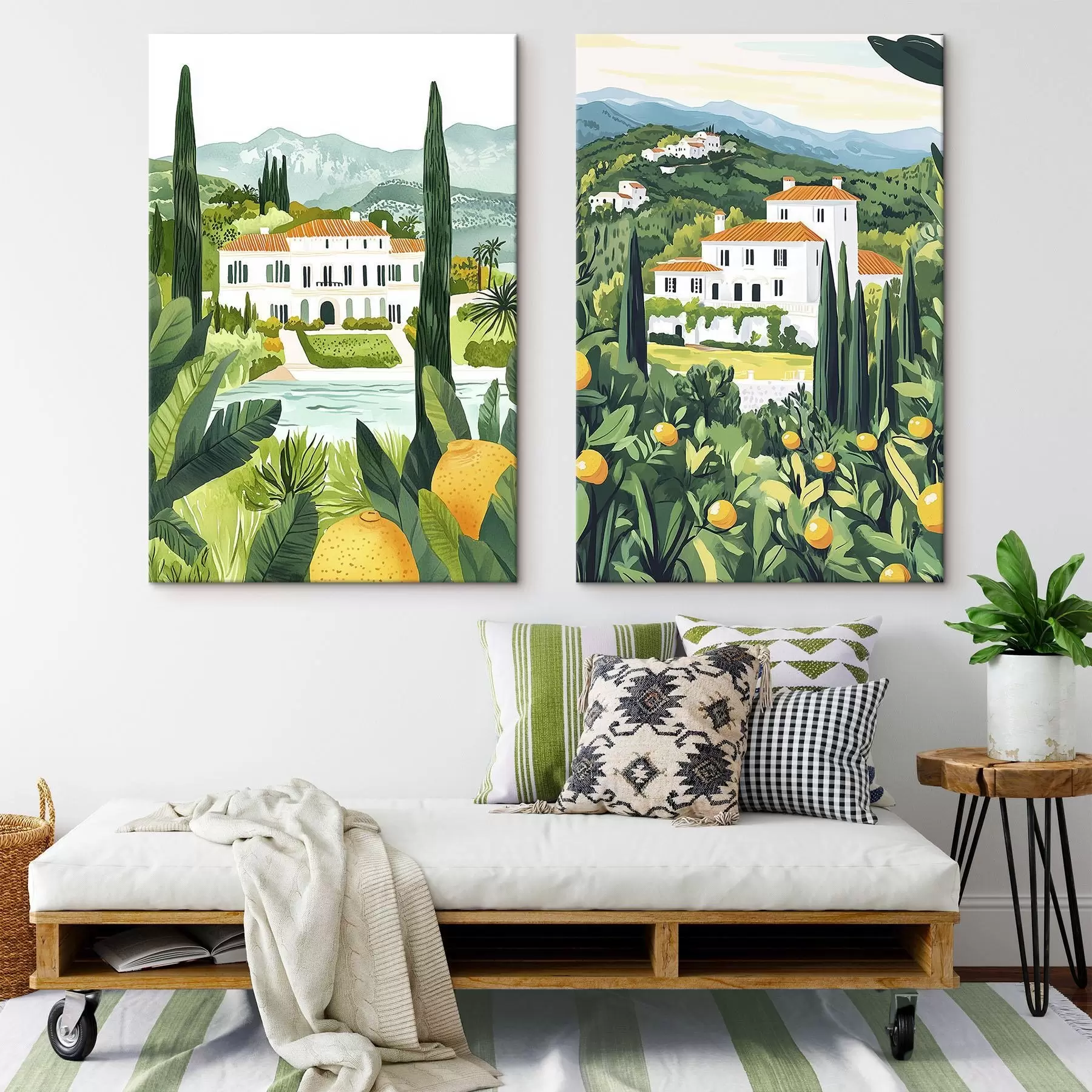 carta da parati Paesaggi mediterranei con alberi e case, costa del mare, Spagna nr. m00450