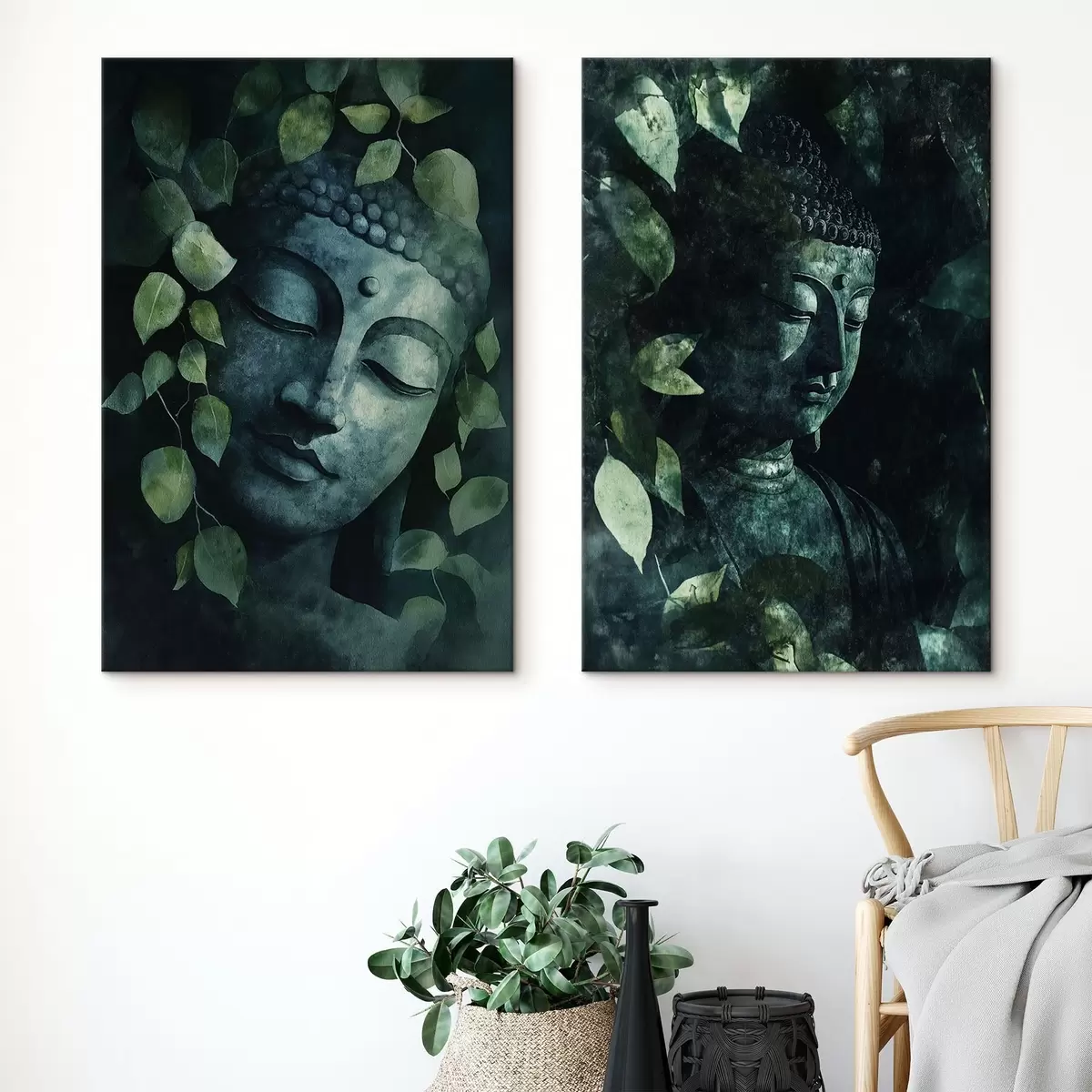 carta da parati Buddha verde con foglie tropicali, stile acquerello nr. m00451