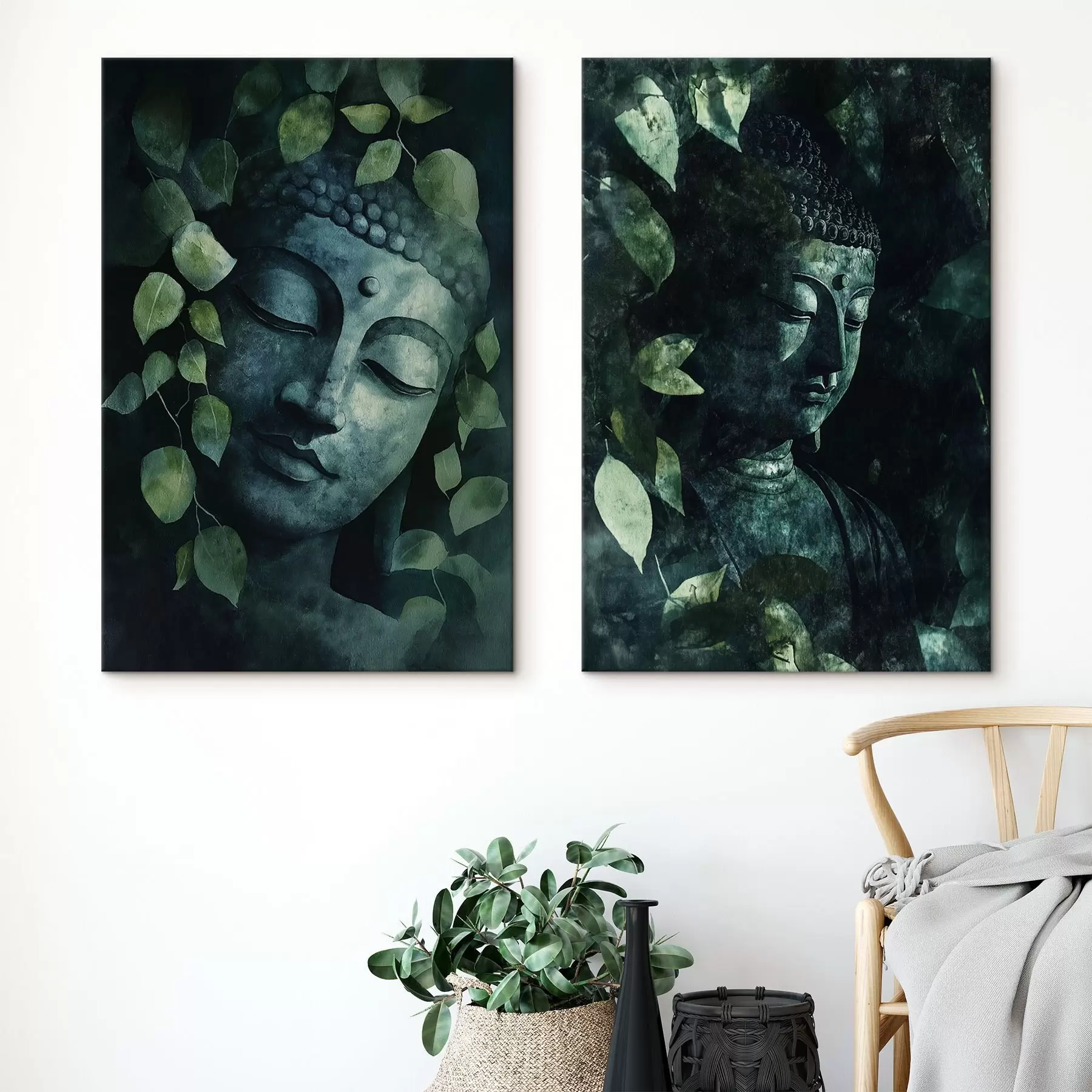 carta da parati Buddha verde con foglie tropicali, stile acquerello nr. m00451