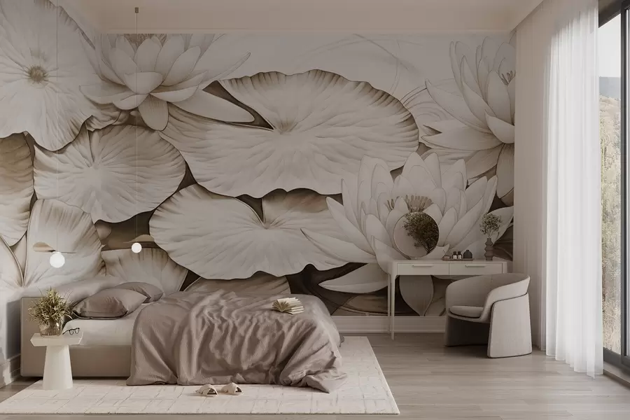 Carta da parati Floreale Ninfee e ninfee in uno stagno, imitazione marrone e bianca di un disegno a matita, illustrazione botanica dettagliata, arte della natura n. w09006v2