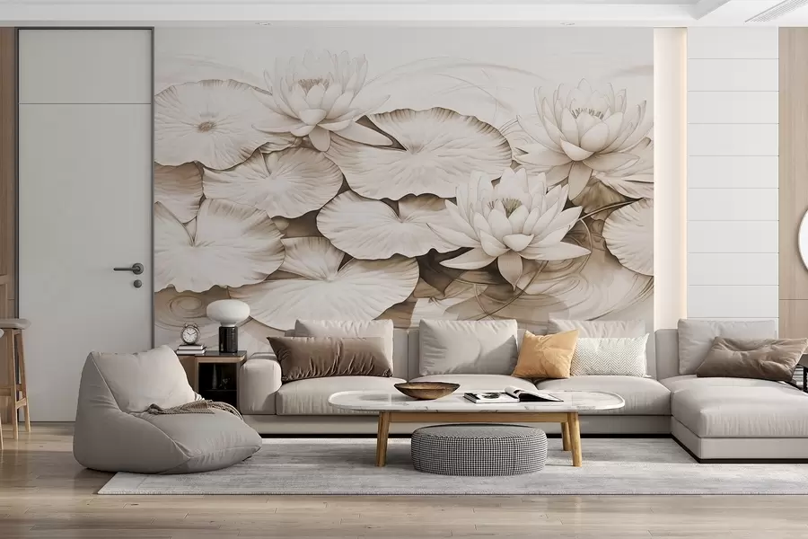 Carta da parati Floreale Ninfee e ninfee in uno stagno, imitazione marrone e bianca di un disegno a matita, illustrazione botanica dettagliata, arte della natura n. w09006v2