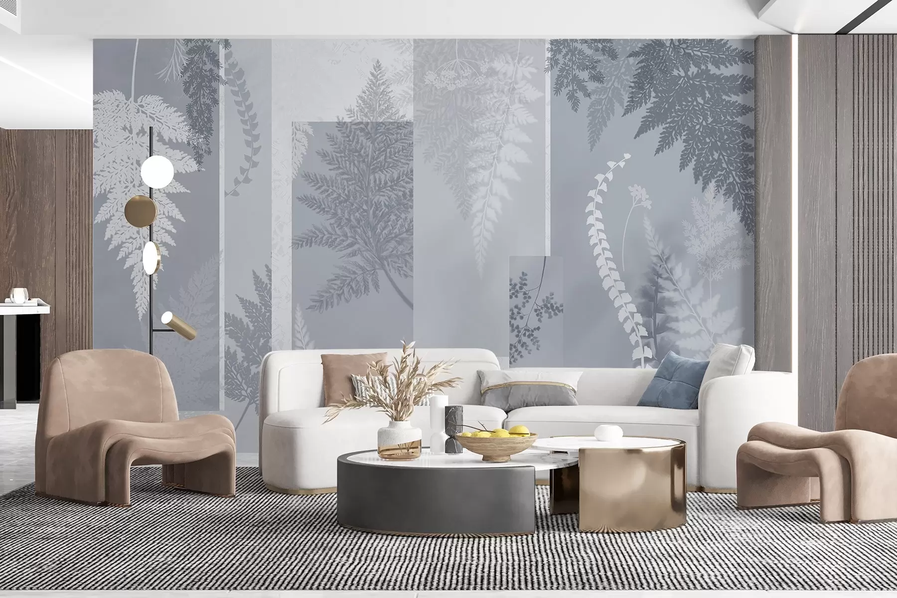 carta da parati Foglie di felce in blu e bianco, disposte a strisce verticali, creano una stampa botanica e minimalista, dai colori tenui e sfumati nr. w09007v1