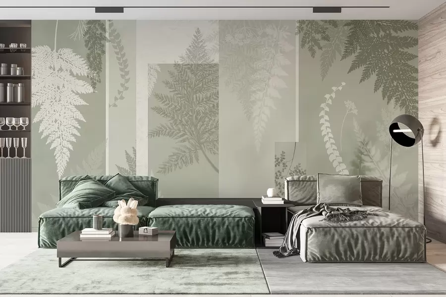 carta da parati Foglie di felce in verde e bianco, disposte a strisce verticali, creano una stampa botanica e minimalista, dai colori tenui e sfumati nr. w09007v2