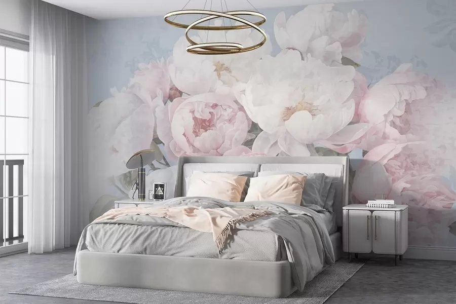 Carta da parati Floreale Peonie rosa e bianche astratte e strutturate con foglie verdi, sfondo azzurro, colori tenui e delicati, stile vintage n. w09008