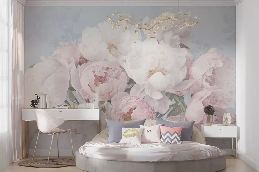 Carta da parati Floreale Peonie rosa e bianche astratte e strutturate con foglie verdi, sfondo azzurro, colori tenui e delicati, stile vintage n. w09008