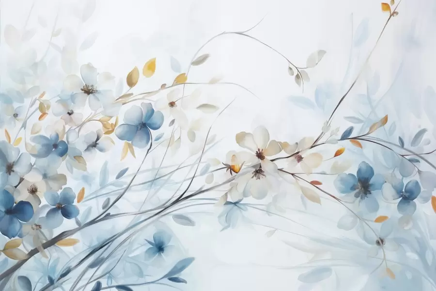 Carta da parati Floreale Composizione floreale con foglie blu e arancioni e fiori bianchi, petali delicati, rami sottili, colori tenui, effetto acquerello n. w09009