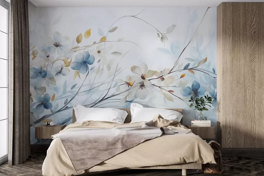 Carta da parati Floreale Composizione floreale con foglie blu e arancioni e fiori bianchi, petali delicati, rami sottili, colori tenui, effetto acquerello n. w09009