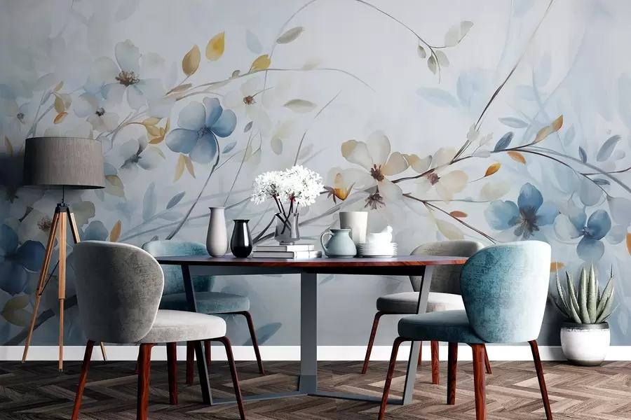 Carta da parati Floreale Composizione floreale con foglie blu e arancioni e fiori bianchi, petali delicati, rami sottili, colori tenui, effetto acquerello n. w09009