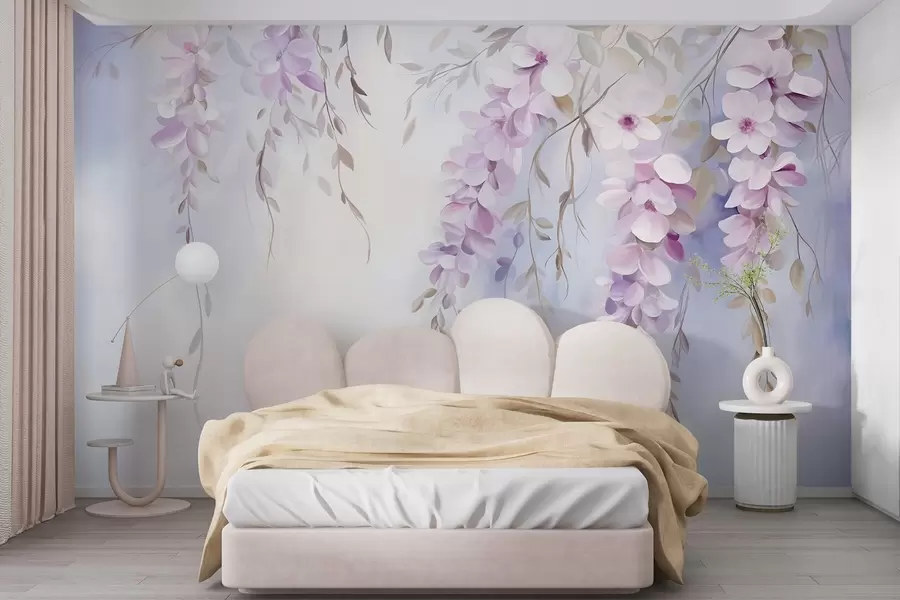 Carta da parati Floreale Fiori di glicine con petali lilla e foglie verdi che pendono dai rami, colori pastello tenui, sfondo color pastello n. w09010