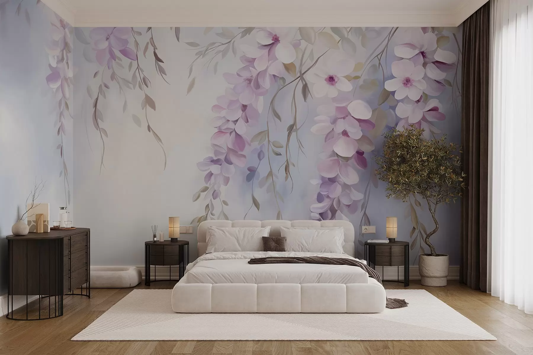 Carta da parati Floreale Fiori di glicine con petali lilla e foglie verdi che pendono dai rami, colori pastello tenui, sfondo color pastello n. w09010