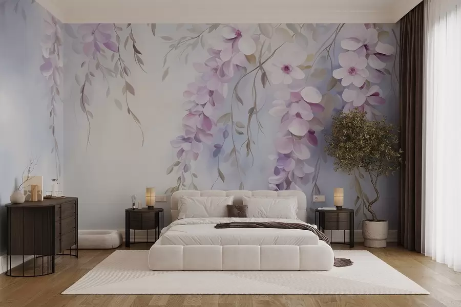 Carta da parati Floreale Fiori di glicine con petali lilla e foglie verdi che pendono dai rami, colori pastello tenui, sfondo color pastello n. w09010