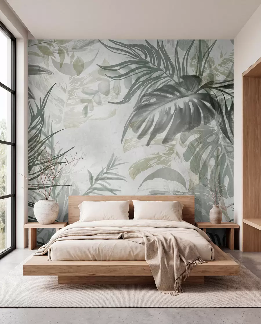 Carta da parati nature Monstera e foglie di palma nei toni del verde e del grigio, botanica, fogliame tropicale, piante della giungla, sfondo strutturato 