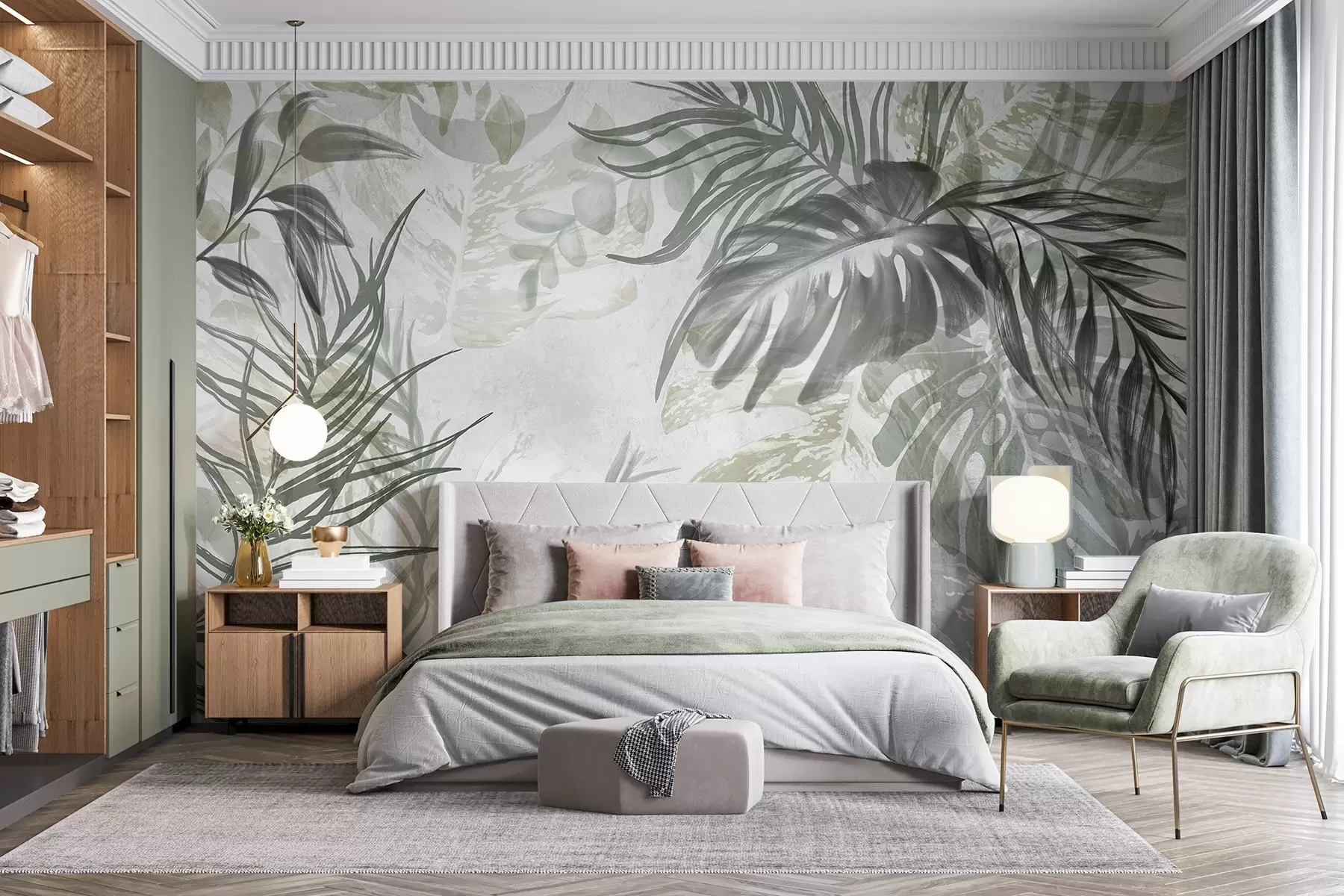 Carta da parati nature Monstera e foglie di palma nei toni del verde e del grigio, botanica, fogliame tropicale, piante della giungla, sfondo strutturato 