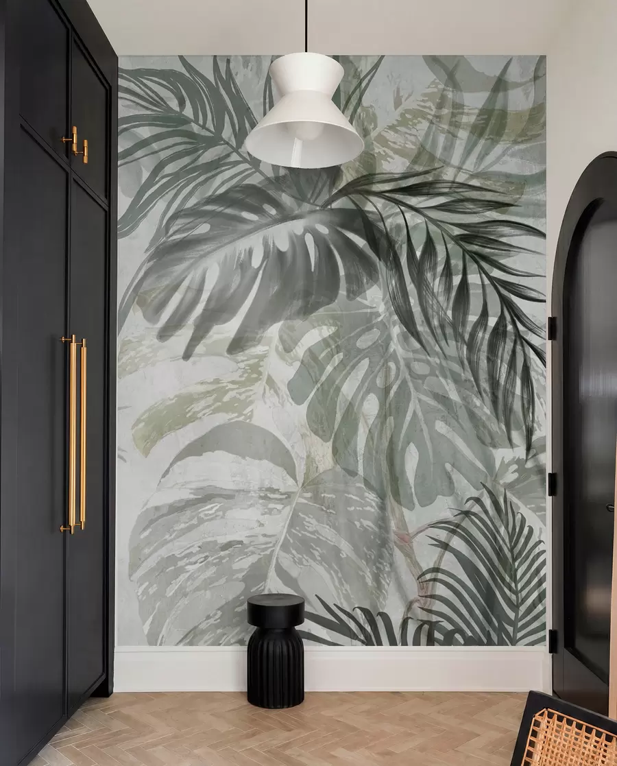 Carta da parati nature Monstera e foglie di palma nei toni del verde e del grigio, botanica, fogliame tropicale, piante della giungla, sfondo strutturato 