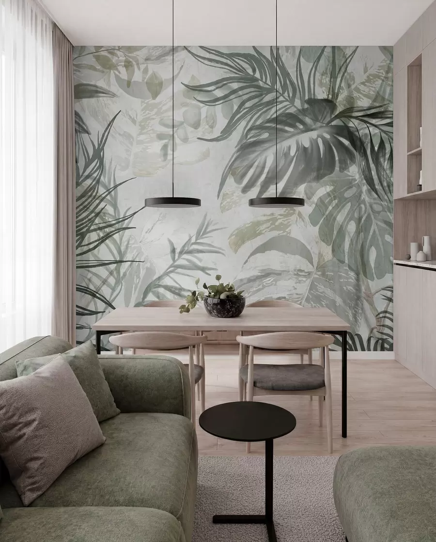 Carta da parati nature Monstera e foglie di palma nei toni del verde e del grigio, botanica, fogliame tropicale, piante della giungla, sfondo strutturato 