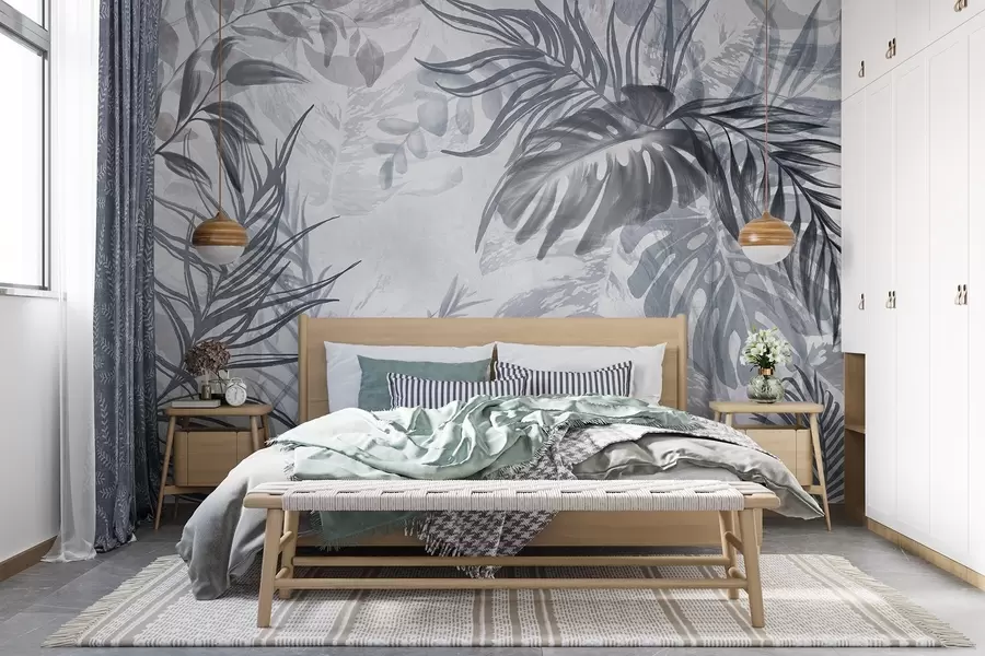 Carta da parati Tropici della Foresta Monstera e foglie di palma nei toni del blu e del grigio, botanica, fogliame tropicale, piante della giungla, sfondo strutturato n. w09011v1
