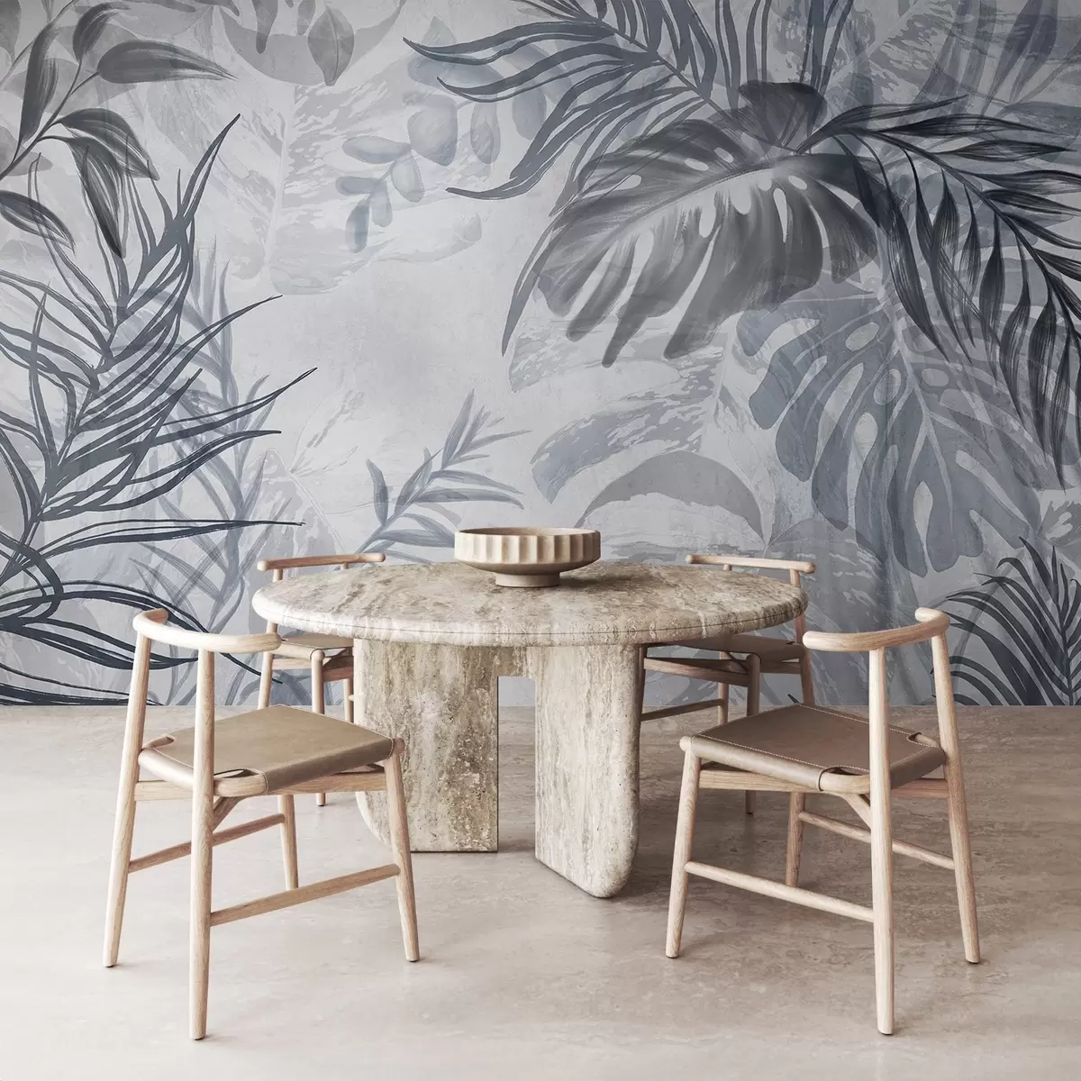 carta da parati Monstera e foglie di palma nei toni del blu e del grigio, botanica, fogliame tropicale, piante della giungla, sfondo strutturato nr. w09011v1