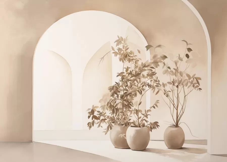 Carta da parati 3D Piante in vaso dai toni beige davanti ad archi astratti, stile minimalista, elegante e pulito, sfondo neutro 