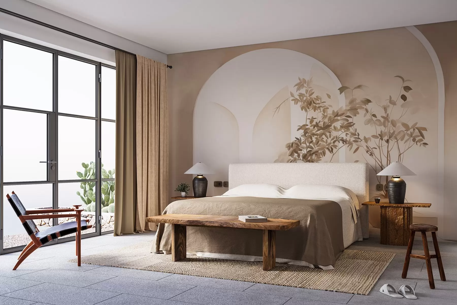 Carta da parati 3D Piante in vaso dai toni beige davanti ad archi astratti, stile minimalista, elegante e pulito, sfondo neutro 