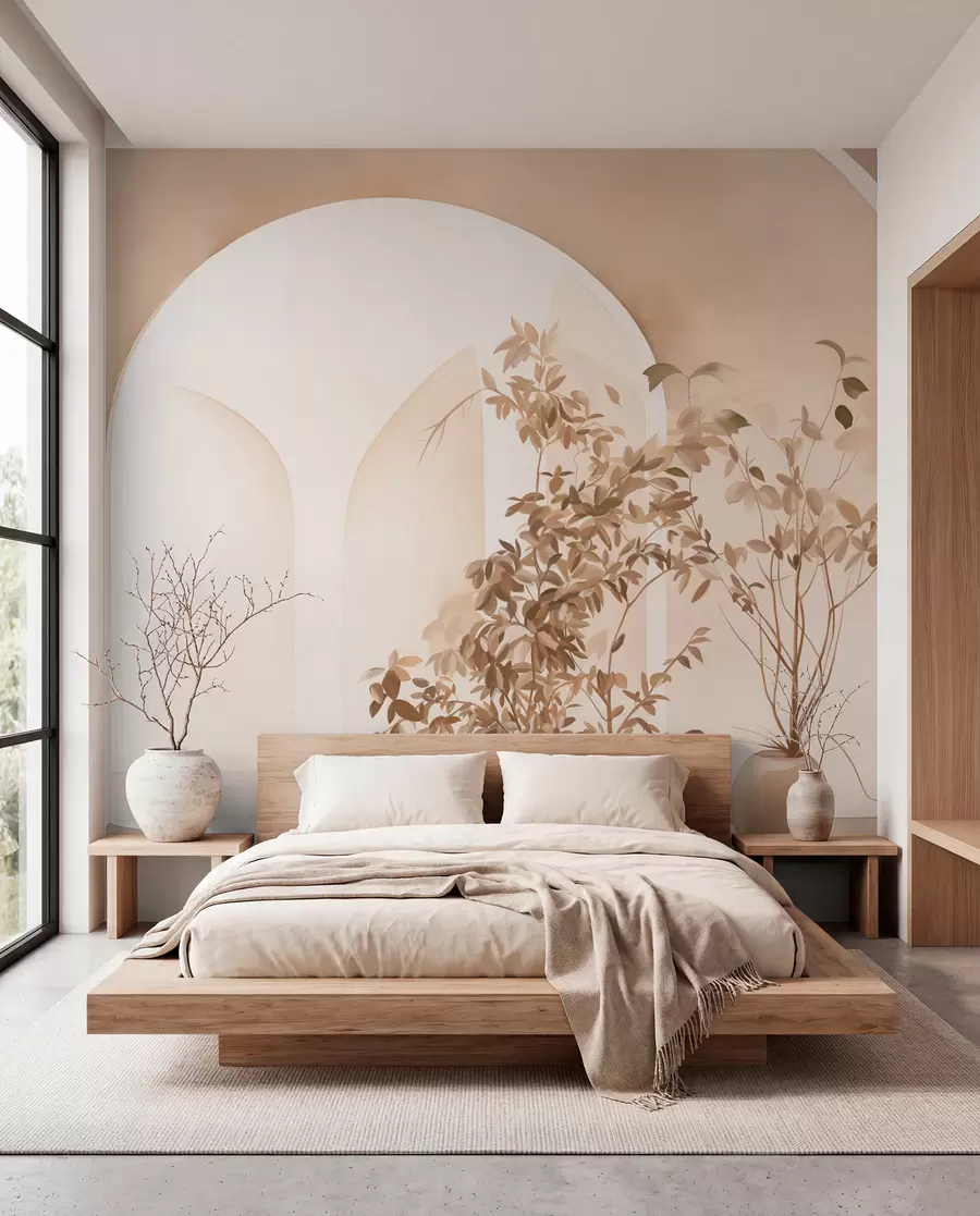 Carta da parati 3D Piante in vaso dai toni beige davanti ad archi astratti, stile minimalista, elegante e pulito, sfondo neutro 