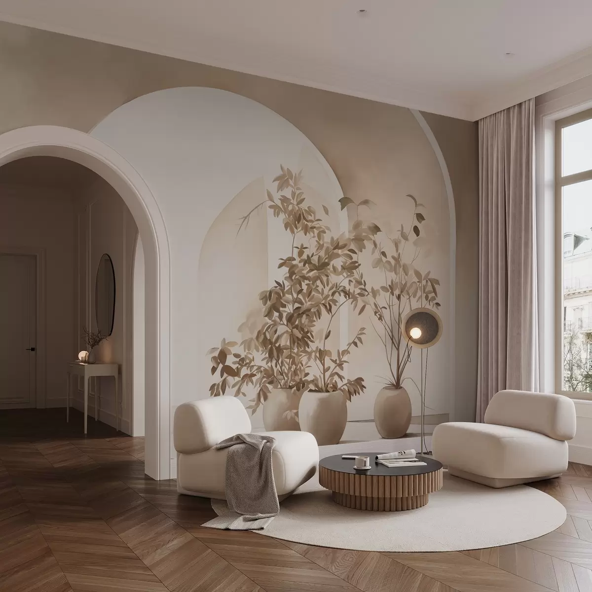 carta da parati Piante in vaso dai toni beige davanti ad archi astratti, stile minimalista, elegante e pulito, sfondo neutro nr. w09013