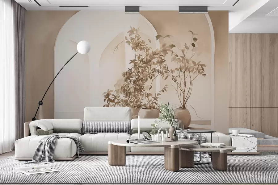 Carta da parati 3D Piante in vaso dai toni beige davanti ad archi astratti, stile minimalista, elegante e pulito, sfondo neutro 