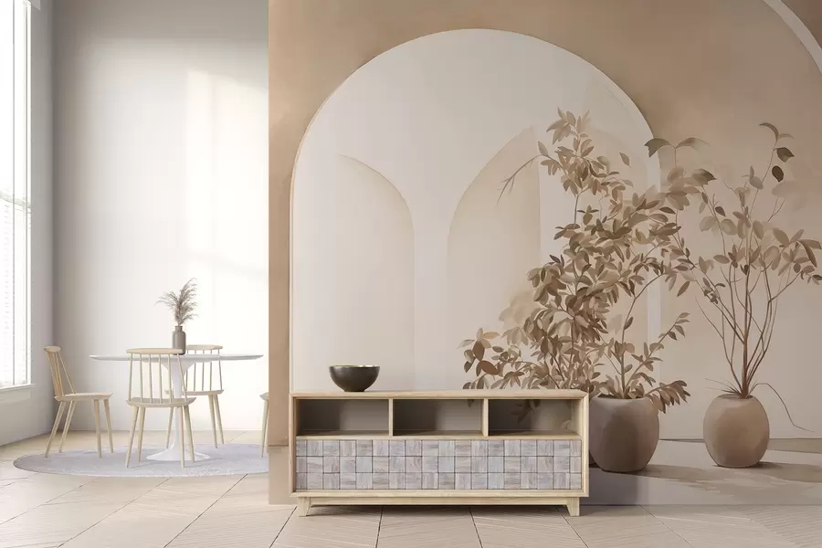 Carta da parati 3D Piante in vaso dai toni beige davanti ad archi astratti, stile minimalista, elegante e pulito, sfondo neutro 