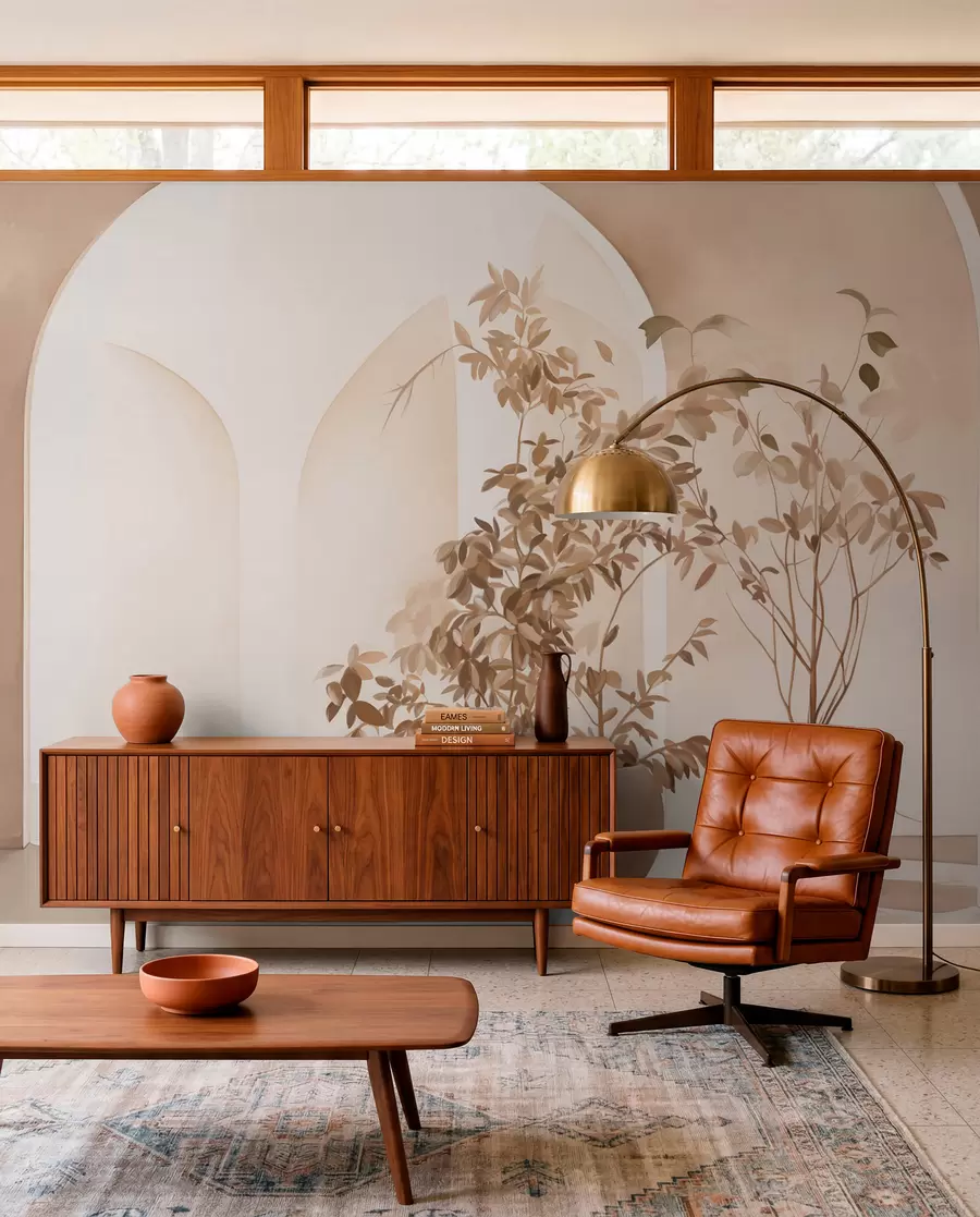 Carta da parati 3D Piante in vaso dai toni beige davanti ad archi astratti, stile minimalista, elegante e pulito, sfondo neutro 