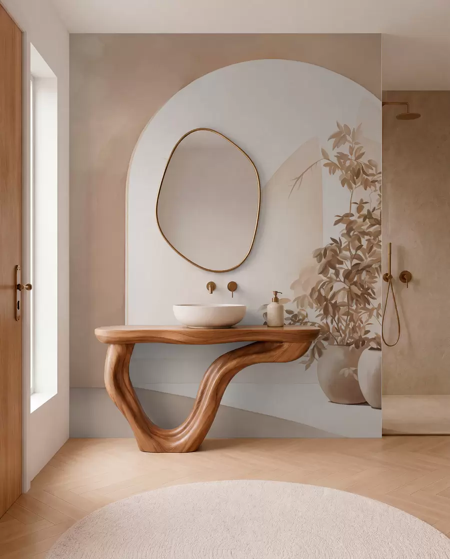 Carta da parati 3D Piante in vaso dai toni beige davanti ad archi astratti, stile minimalista, elegante e pulito, sfondo neutro 