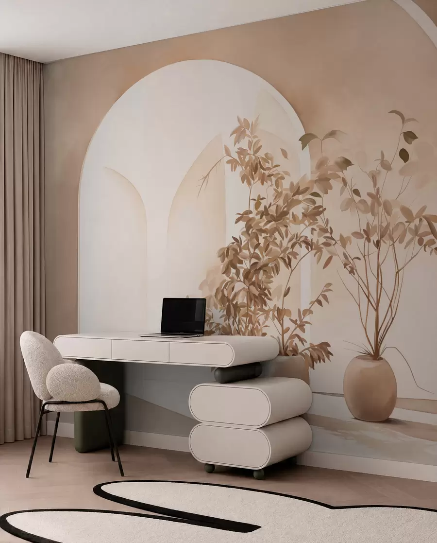 Carta da parati 3D Piante in vaso dai toni beige davanti ad archi astratti, stile minimalista, elegante e pulito, sfondo neutro 