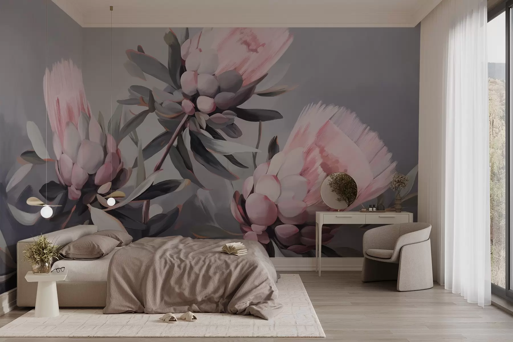 Carta da parati Floreale Fiori astratti di protea rosa con foglie grigie, pennellate morbide, colori tenui, su uno sfondo grigio sfocato n. w09014