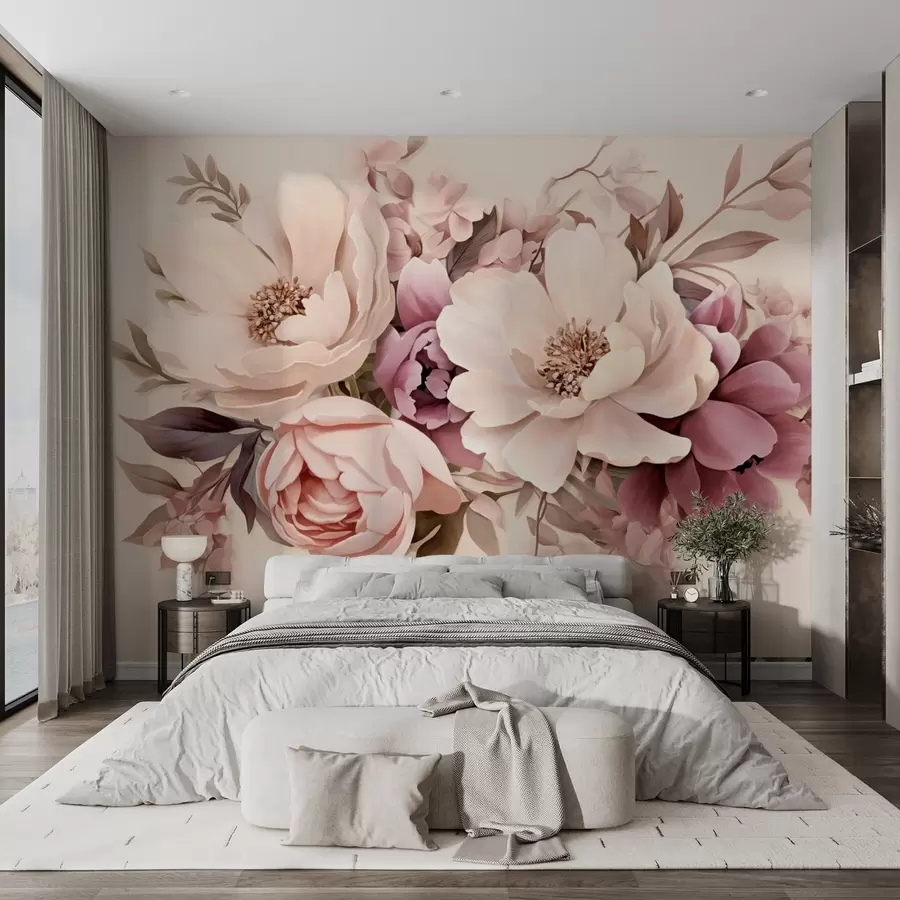 Carta da parati Floreale Delicata composizione di fiori rosa e beige, peonie con foglie n. w09019