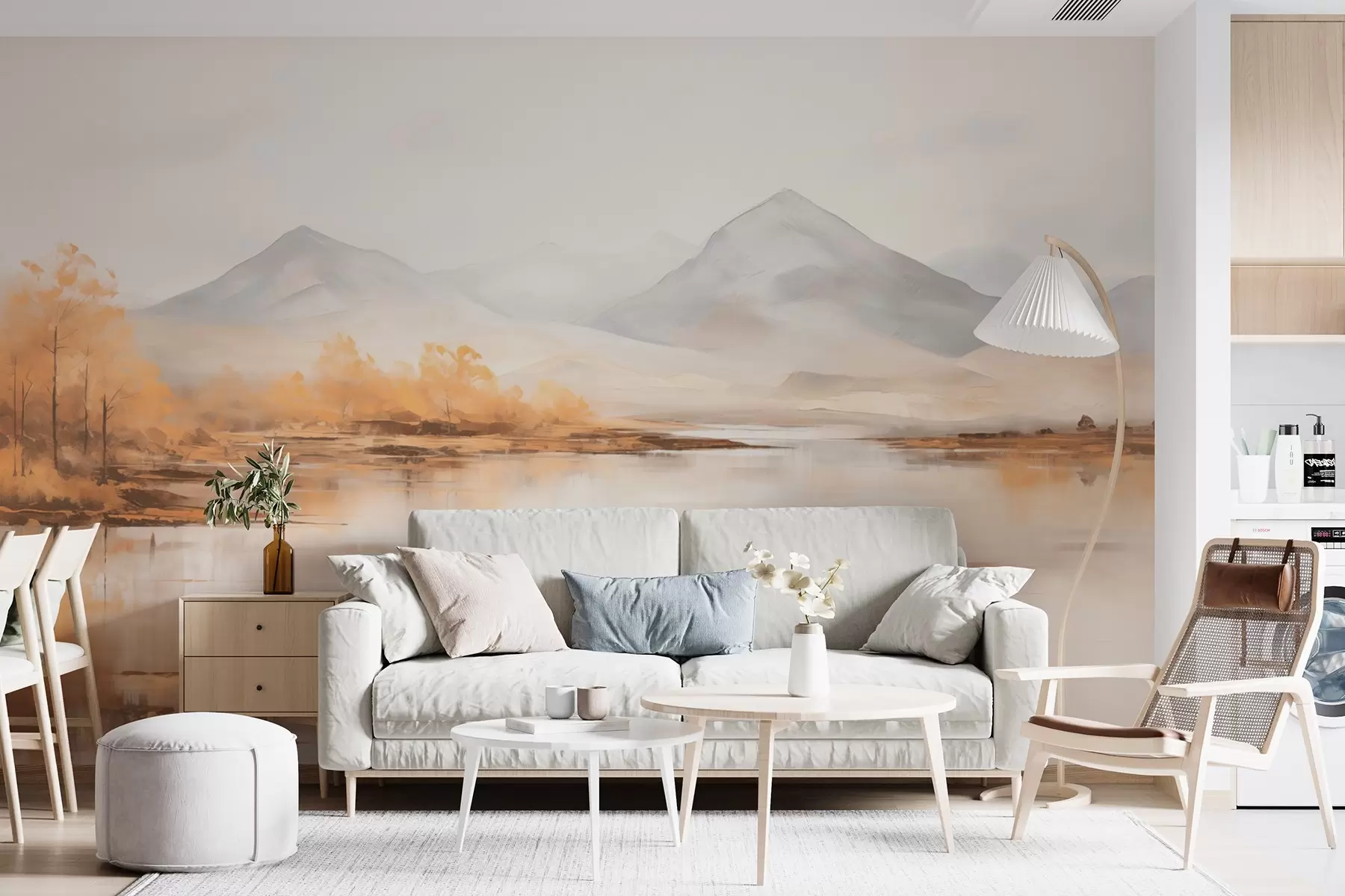 Carta da parati nature Paesaggio autunnale con alberi gialli e un fiume sullo sfondo di una montagna 