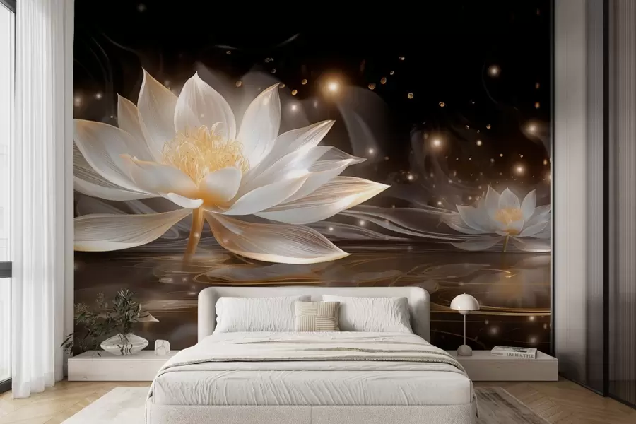 Carta da parati Floreale Eleganti ninfee bianche su acqua scura n. w09021