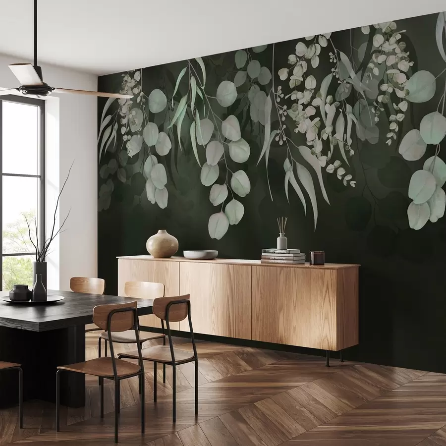 carta da parati Foglie tropicali su sfondo verde scuro, floreale nr. w03752